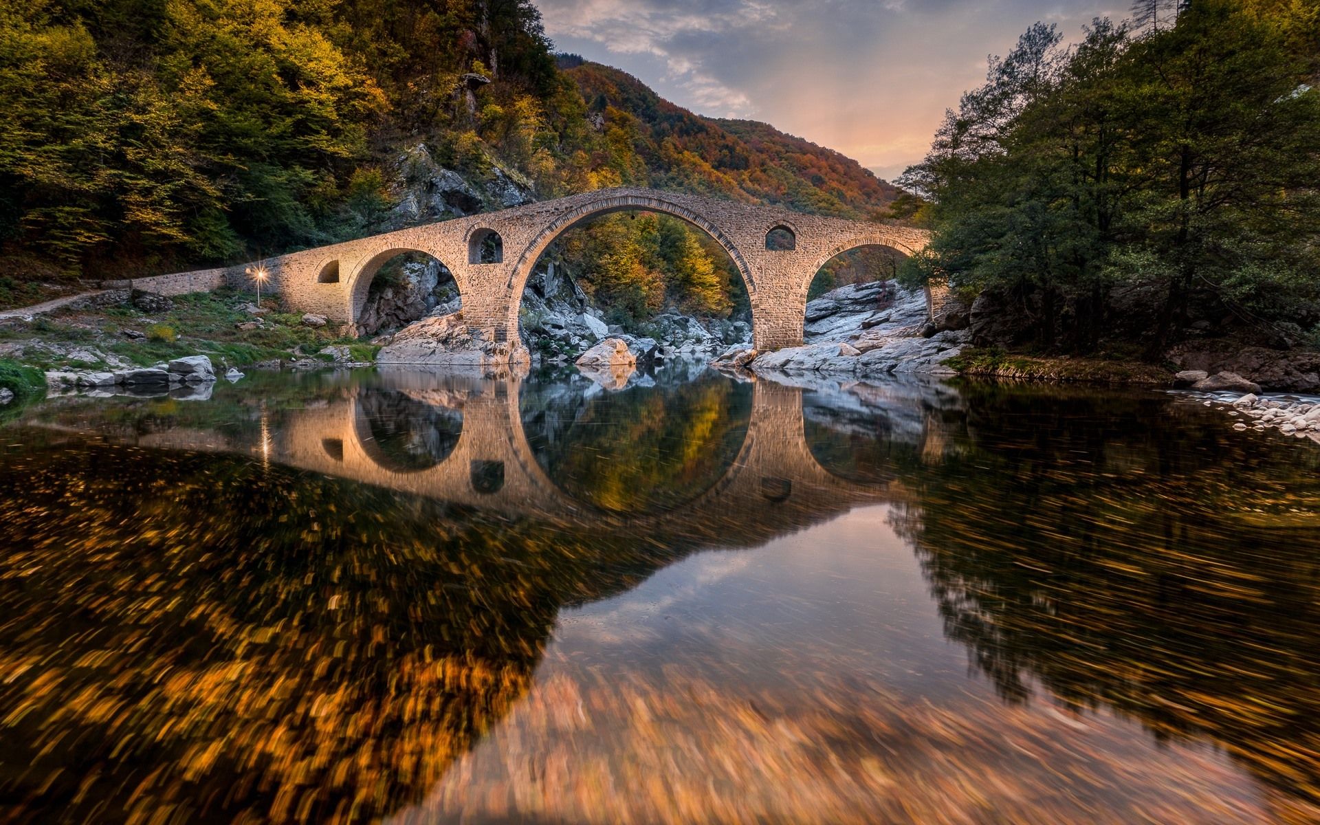 Wallpaper Bulgaria, Devil's Bridge, mountain, trees, river, water reflection, autumn 1920x1200 HD Picture, Image