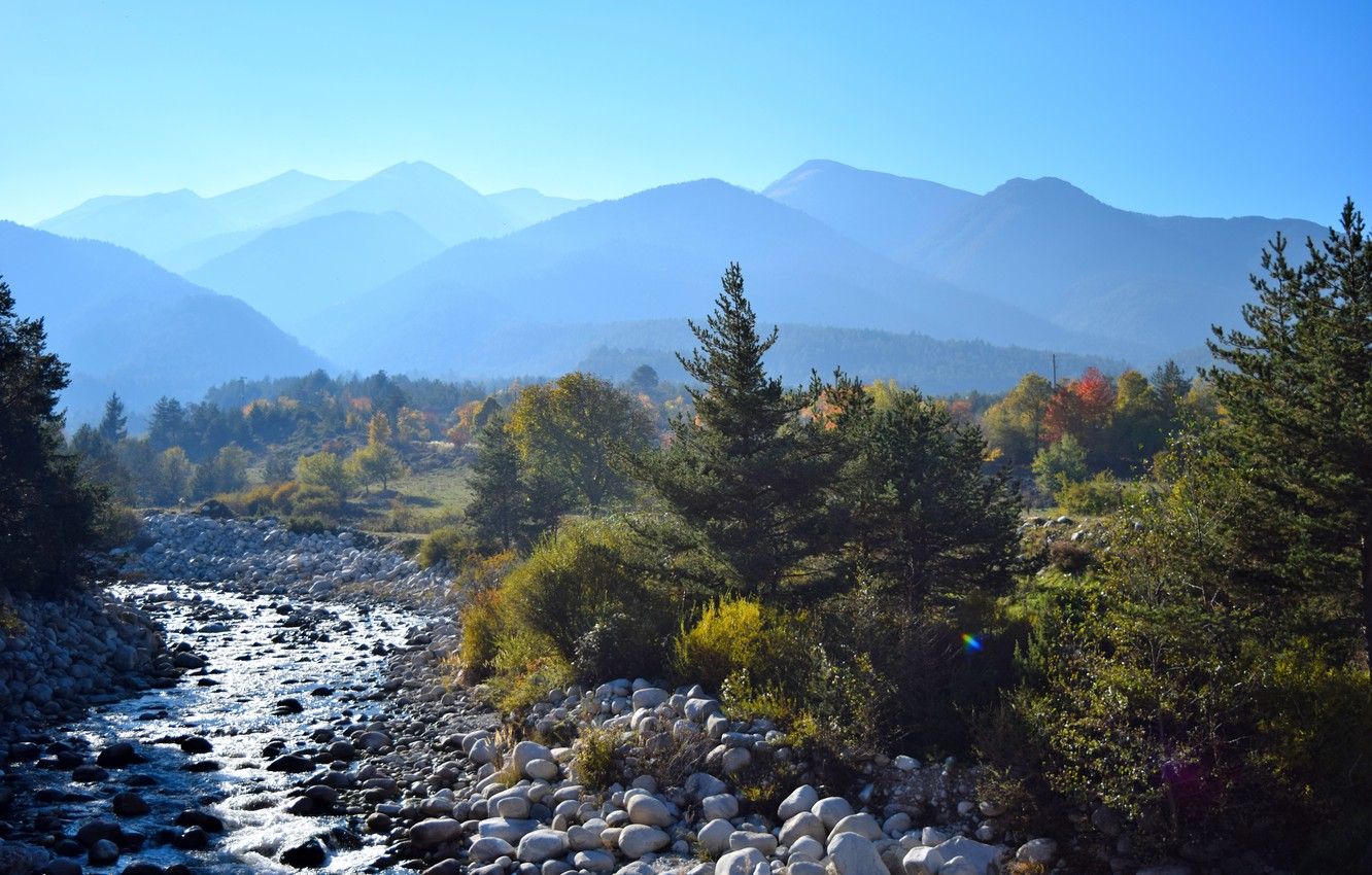 Wallpaper river, autumn, mountain, sun, Bulgaria, Bansko image for desktop, section природа