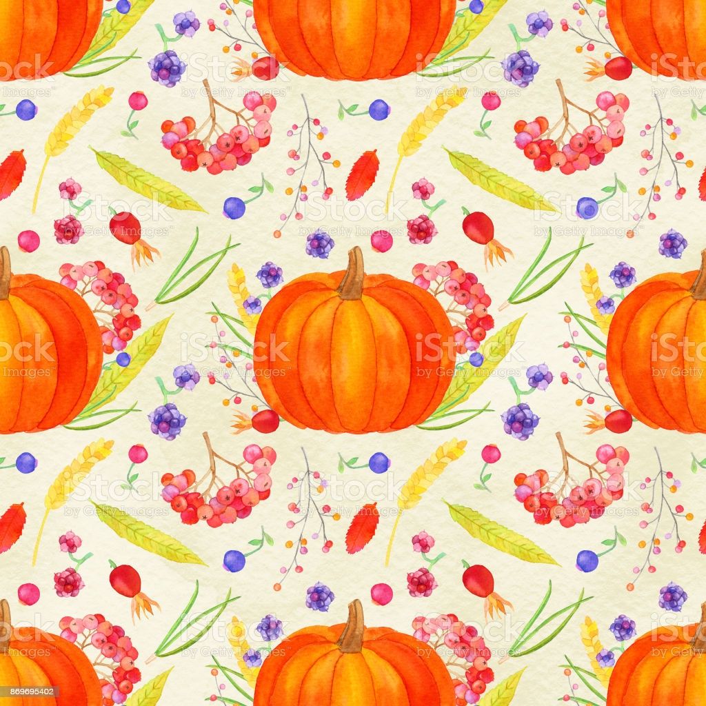 Pumpkin Arrangement Seamless Pattern Autumn Harvest Watercolor Thanksgiving Wallpaper On The Watercolor Wash Background Stock Illustration Image Now