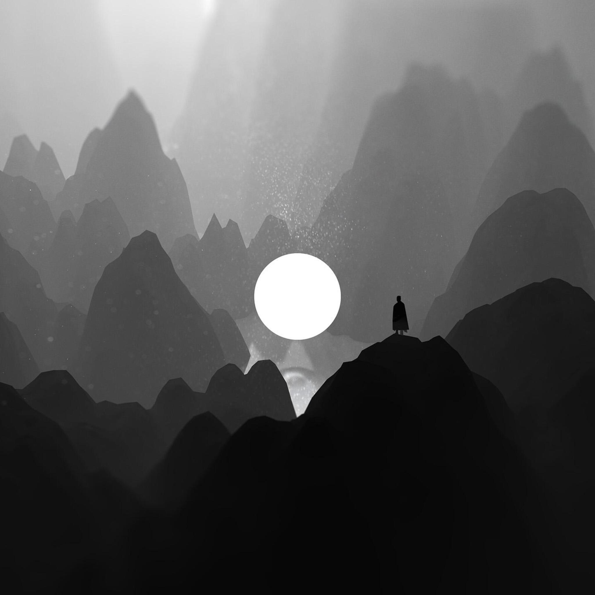 Black And White Moon Man Standing On Mountain Artwork iPad Air HD 4k Wallpaper, Image, Background, Photo and Picture