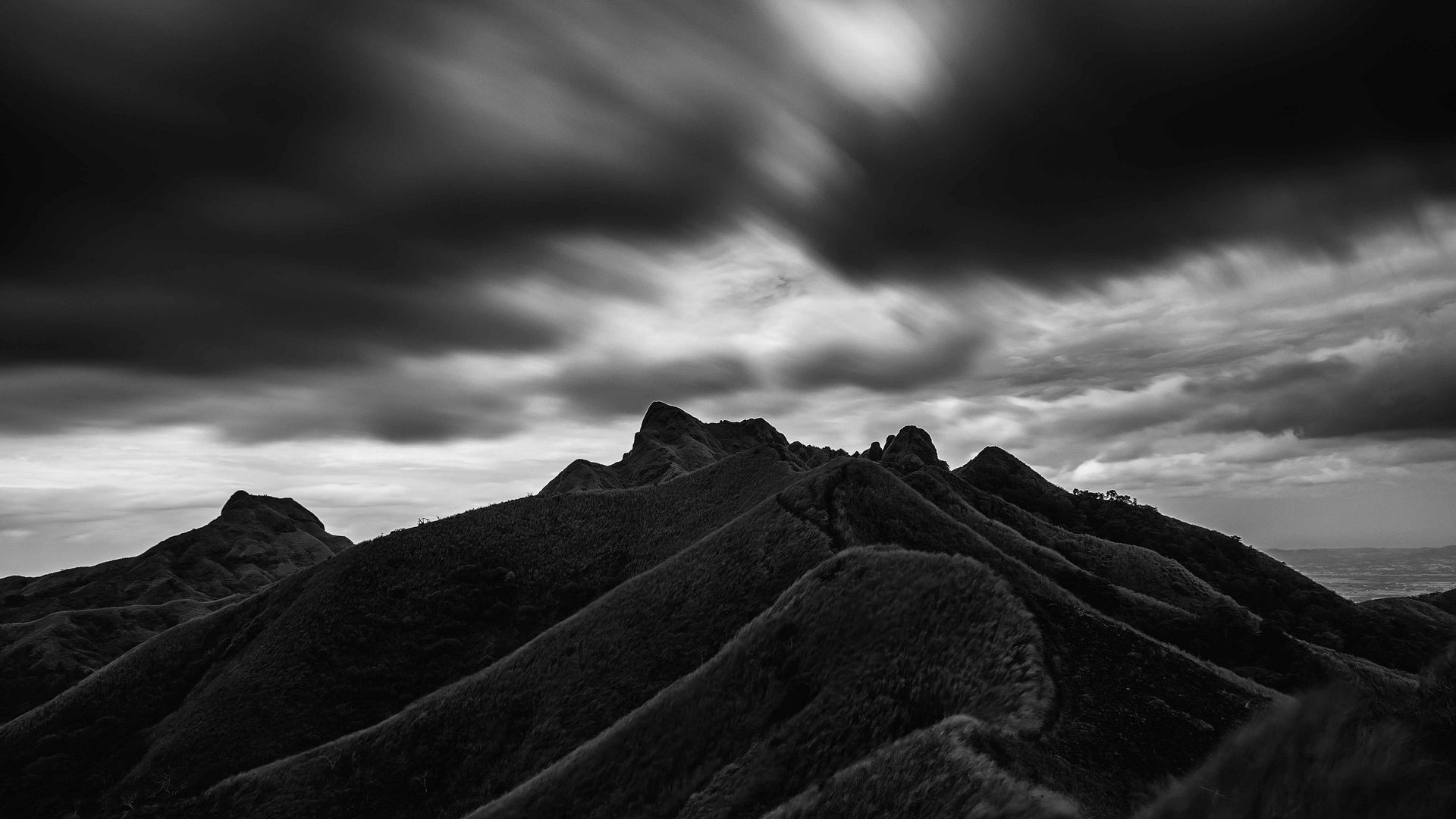 Download wallpaper 1920x1080 mountain, hill, bw, black, clouds, batangas, philippines full hd, hdtv, fhd, 1080p HD background