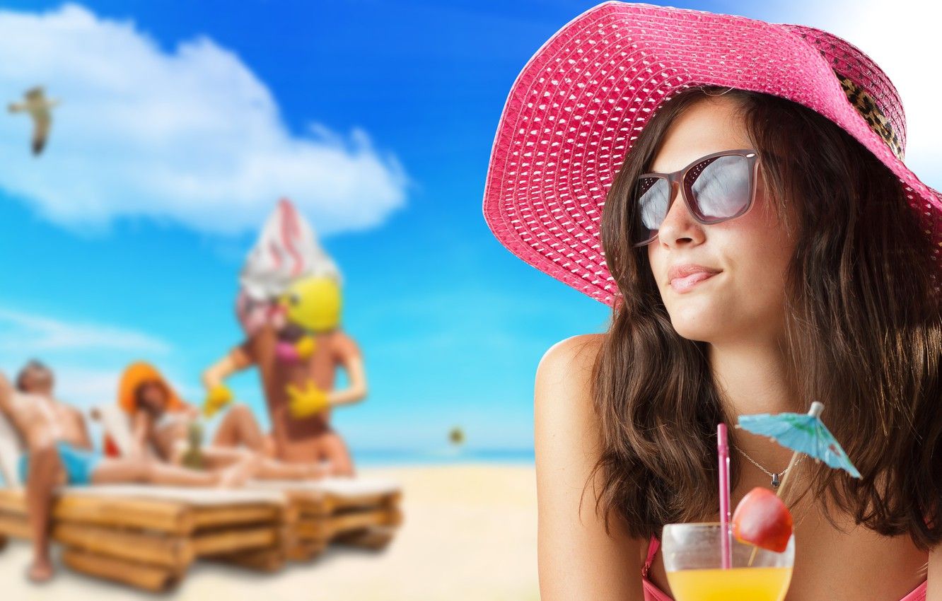 Wallpaper girl, summer, beach, party, hat, pink, beautiful, cocktail, travel image for desktop, section девушки