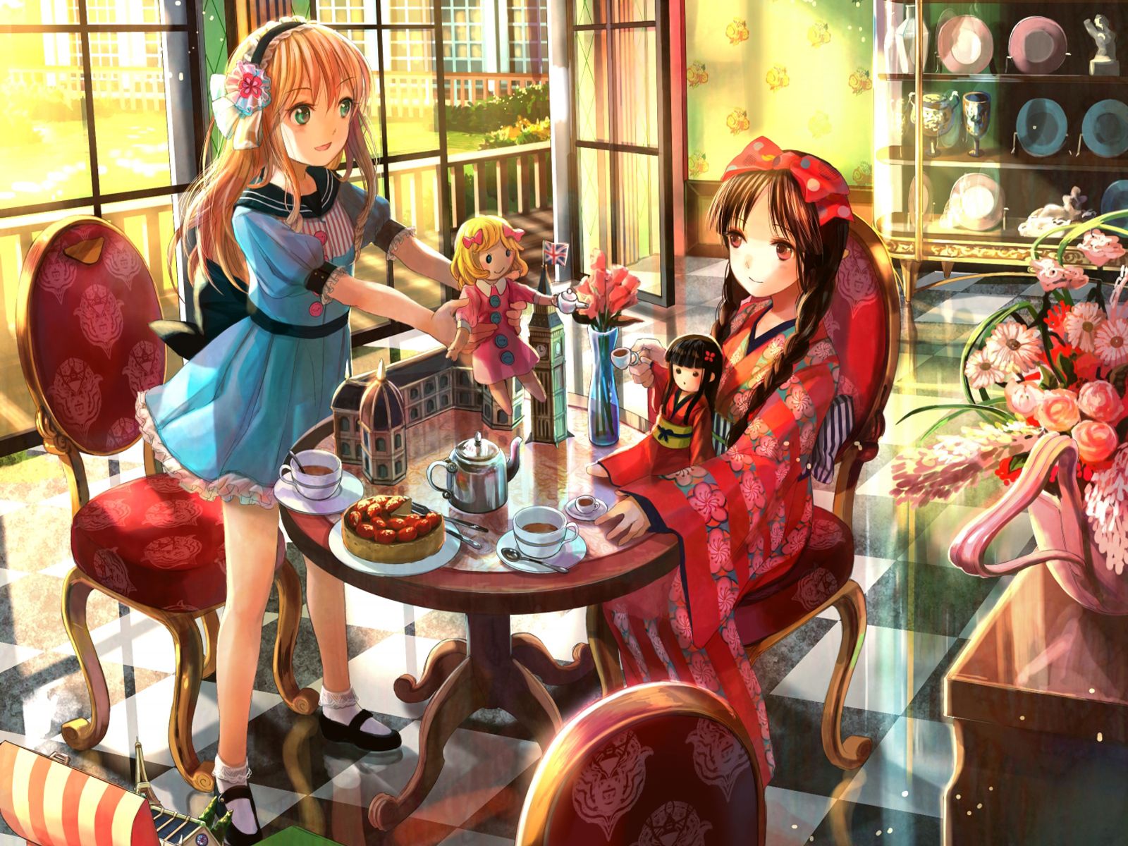 food, tea party, Fuji Choko, soft shading, anime girls, original characters wallpaper