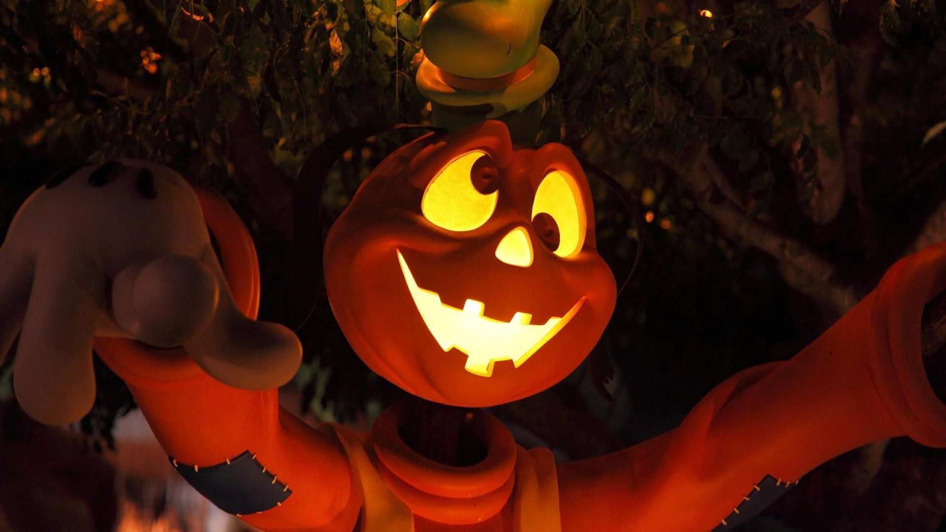 Download Wallpaper 1920x1080 halloween, holiday, tree, light, eyes, cartoon, character Full HD 1080p HD Background