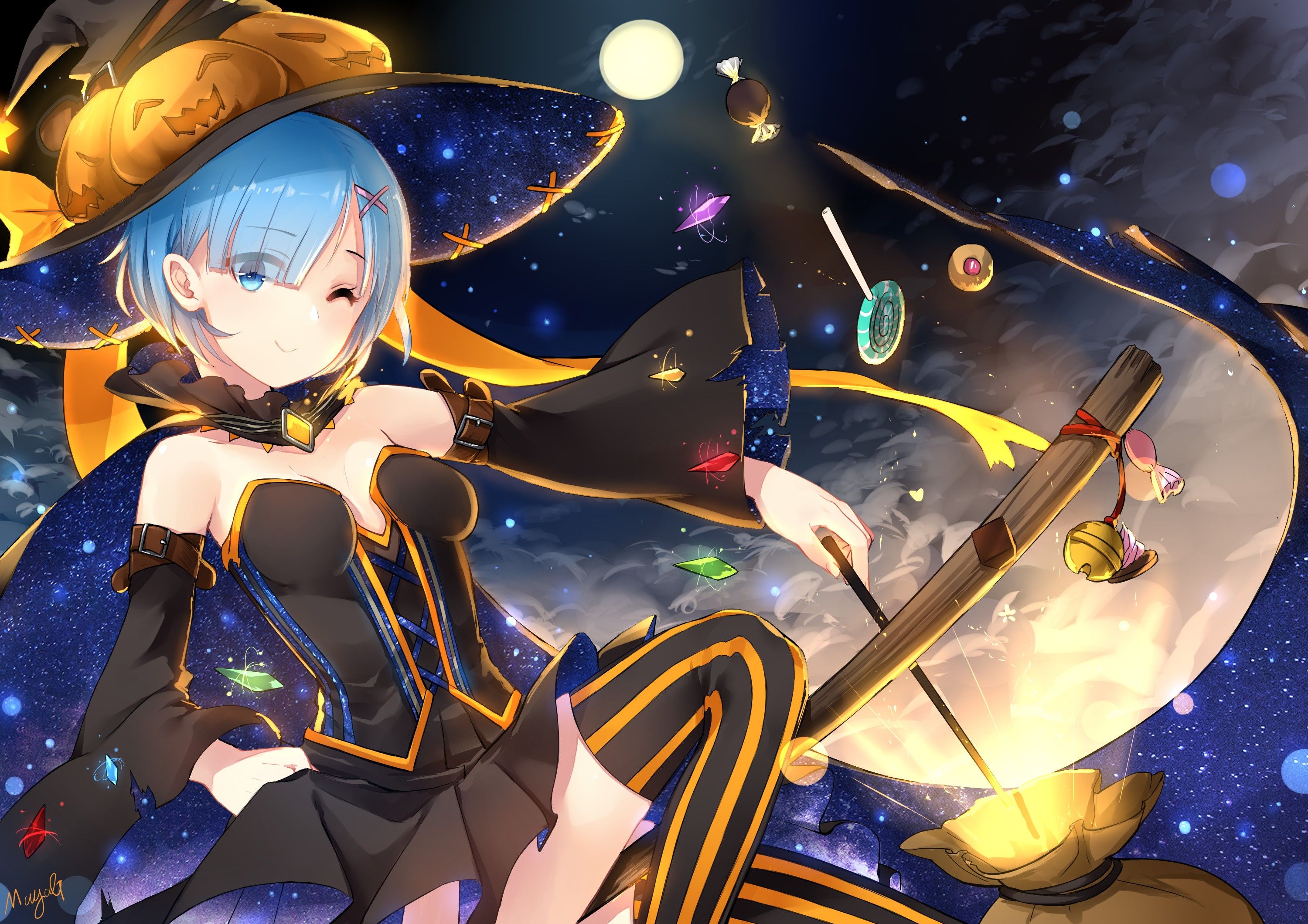 #Rem (Re: Zero), #witch, #anime, #short Hair, #stockings, #weapon, #open Shirt, #anime Girls, #blue Eyes, #Re:Zero Kara Hajimeru Isekai Seikatsu, #thigh Highs, #blue Hair, #cleavage, #Halloween, Wallpaper. Mocah.org HD Desktop Wallpaper