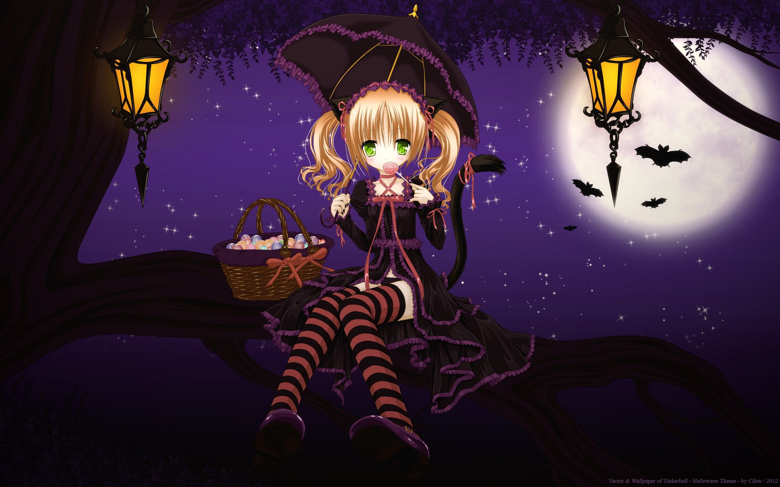night, stockings, Halloween, Moon, vectors, twintails, Tinkerbell, umbrellas, underwear, candies, anime girls, striped legwear wallpaper