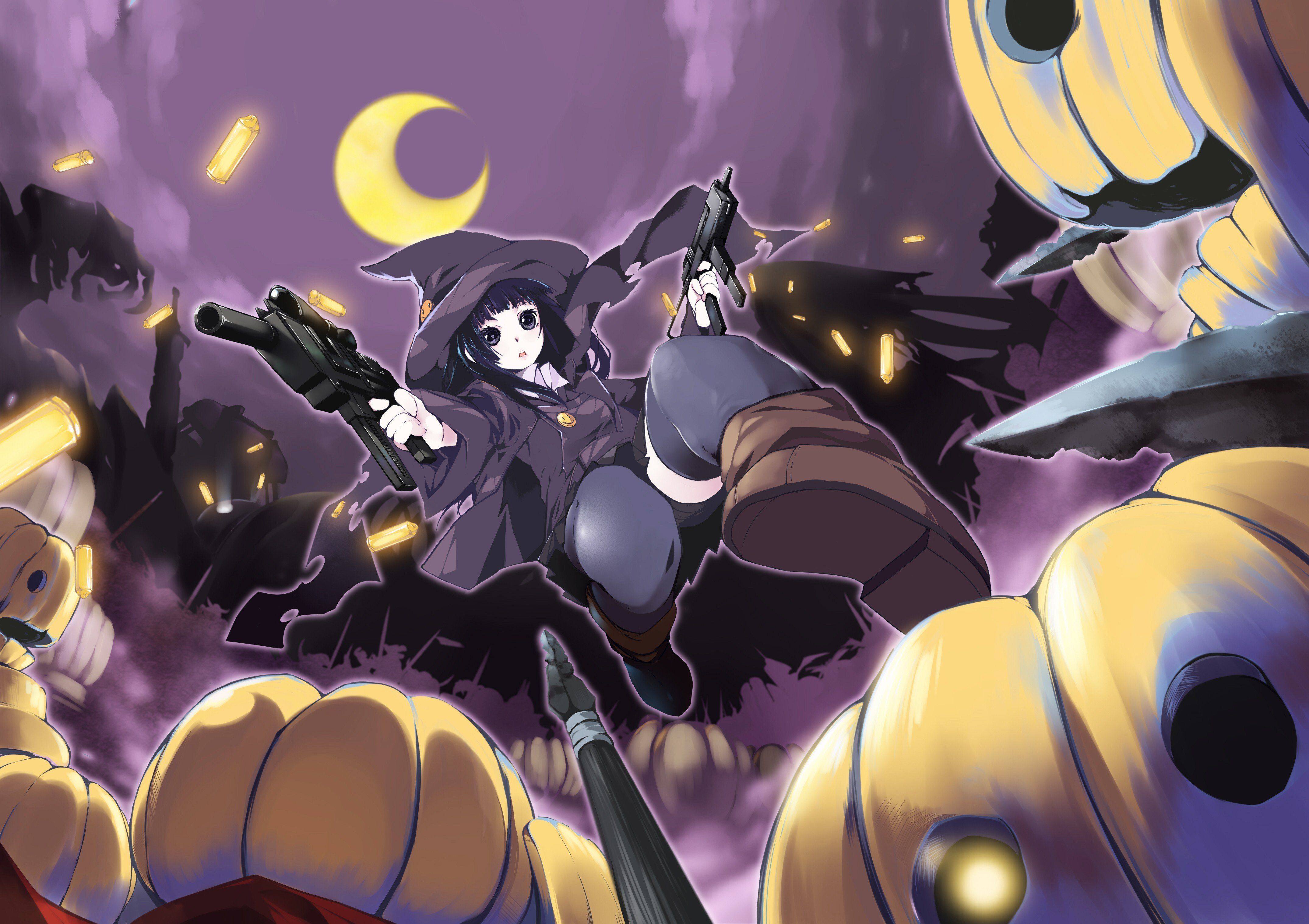 Witch Halloween Moon weapons thigh highs anime girls pumpkins wallpaperx3035