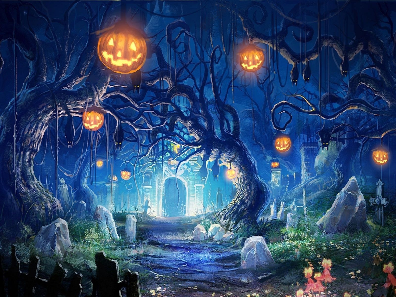 Blue Scary Night Happy Halloween 4K wallpaper