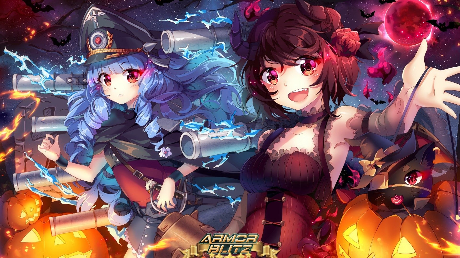 Download 1920x1080 Halloween, Armor Blitz, Anime Girls, Anime Games, Horns, Red Moon Wallpaper for Widescreen