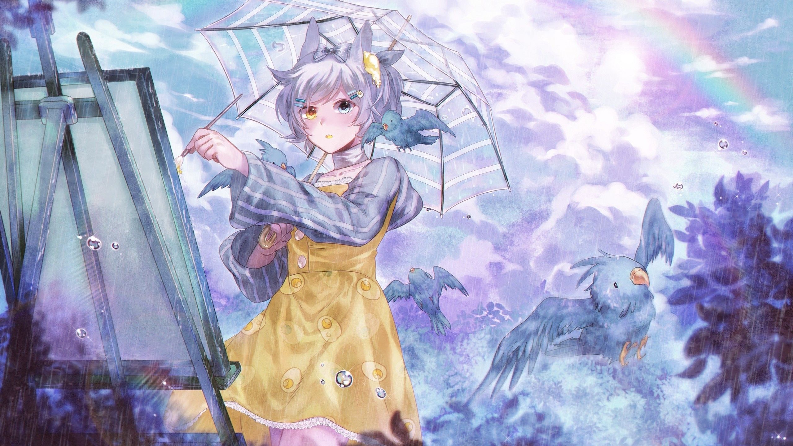 Download 2560x1440 Anime Girl, Raining, Animal Ears, Rainbow, Birds, Gray Hair Wallpaper for iMac 27 inch