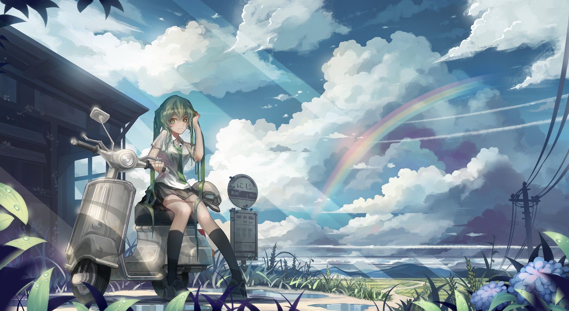 Vocaloid Hatsune Miku on the background of rainbow, anime wallpaper and image, picture, photo