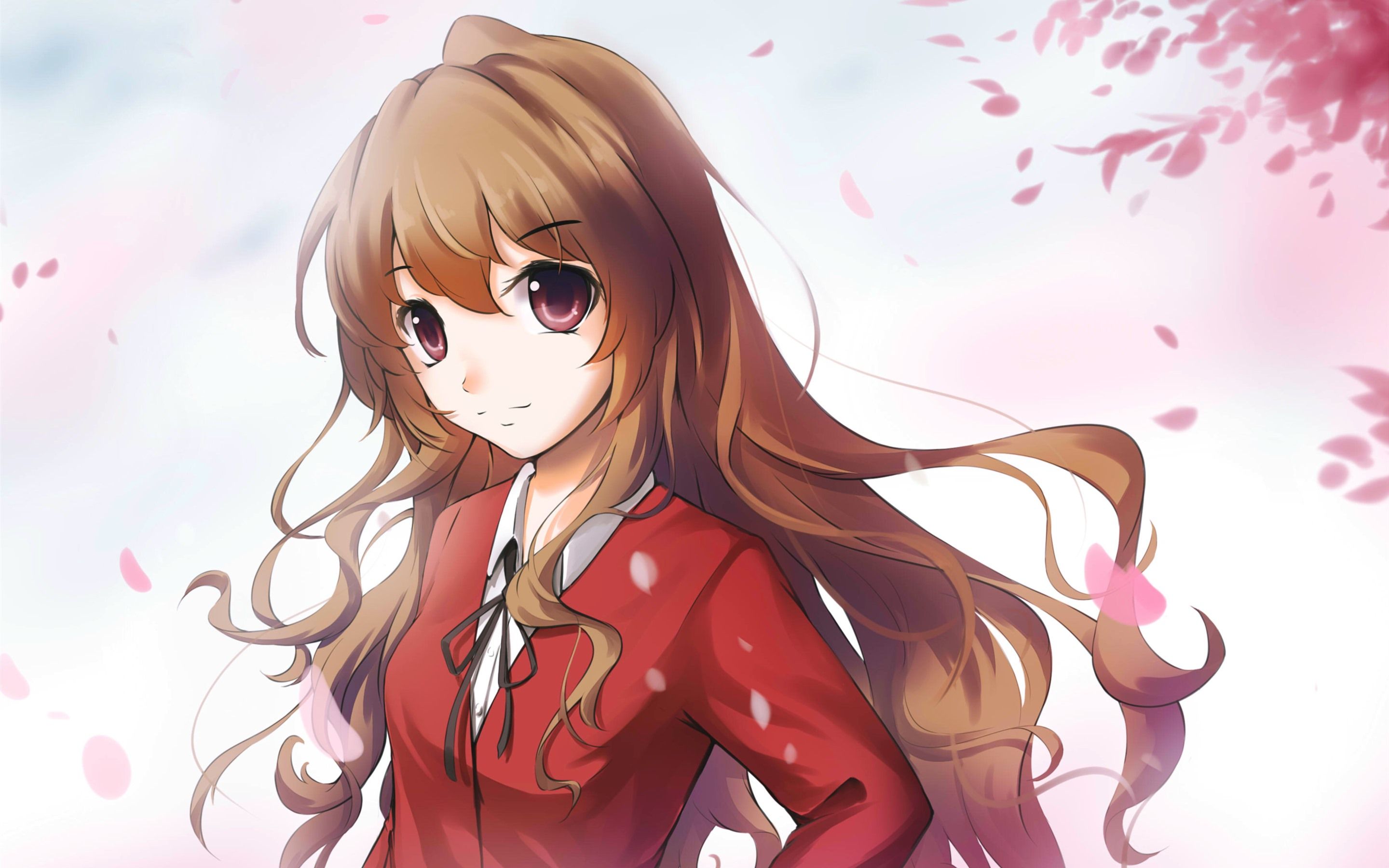 Wallpaper Brown hair anime girl, pink leaves 2880x1800 HD Picture, Image