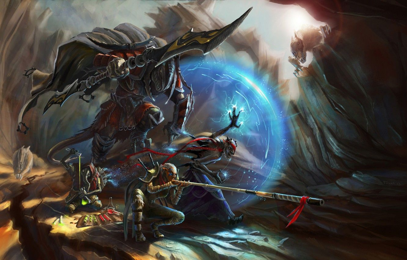 Wallpaper sword, fantasy, monster, weapons, digital art, artwork, shield, fantasy art, spear, Warriors, magician, creatures, potions, energy shield image for desktop, section фантастика