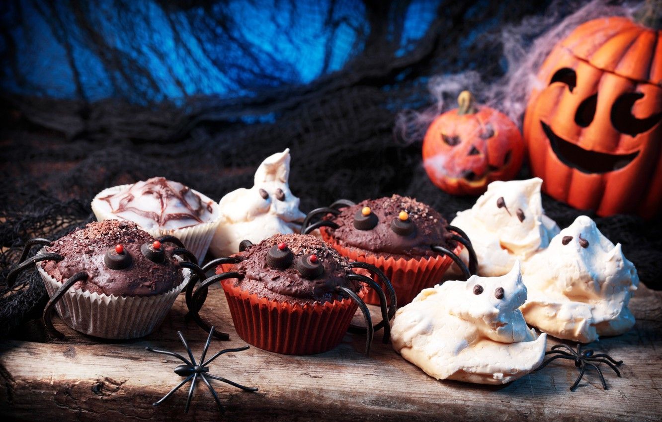Wallpaper chocolate, spider, Halloween, pumpkin, Halloween, cake, Pumpkin, chocolate, cupcakes, Baking image for desktop, section еда