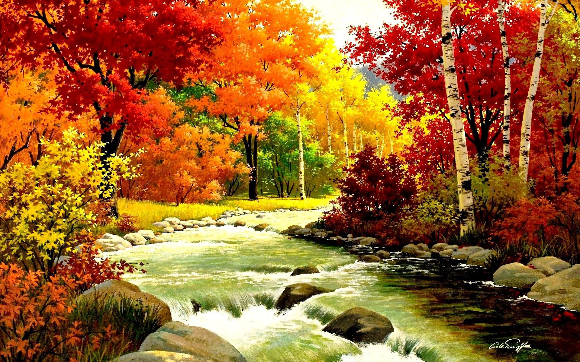 Mountain river and a wonderful Autumn landscape. Beautiful Nature Landscapes Desktop Wallpaper. Aws. Autumn landscape, Landscape picture, Oil painting landscape