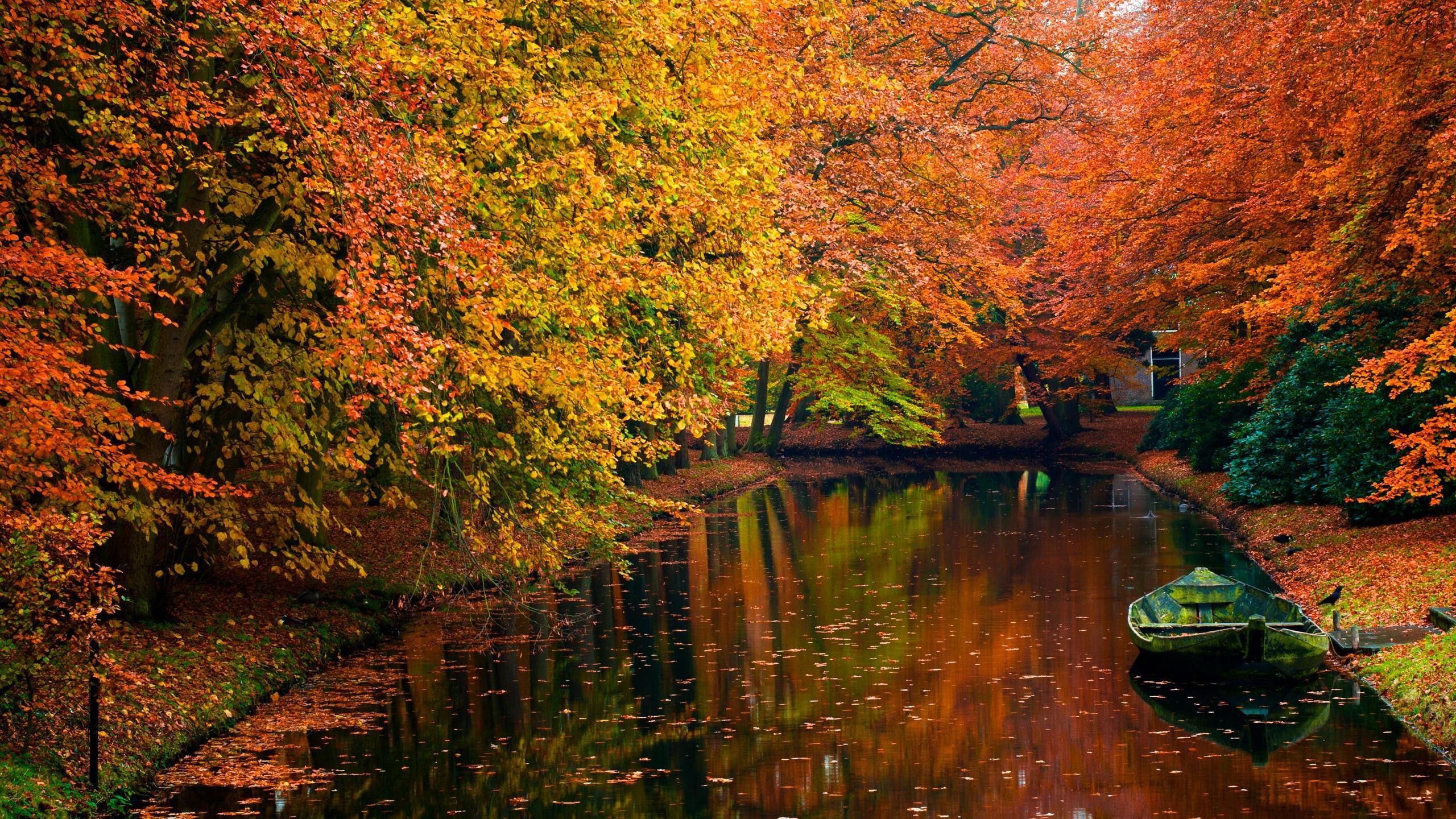Autumn River With Boat HD desktop wallpaper, Widescreen, High Definition