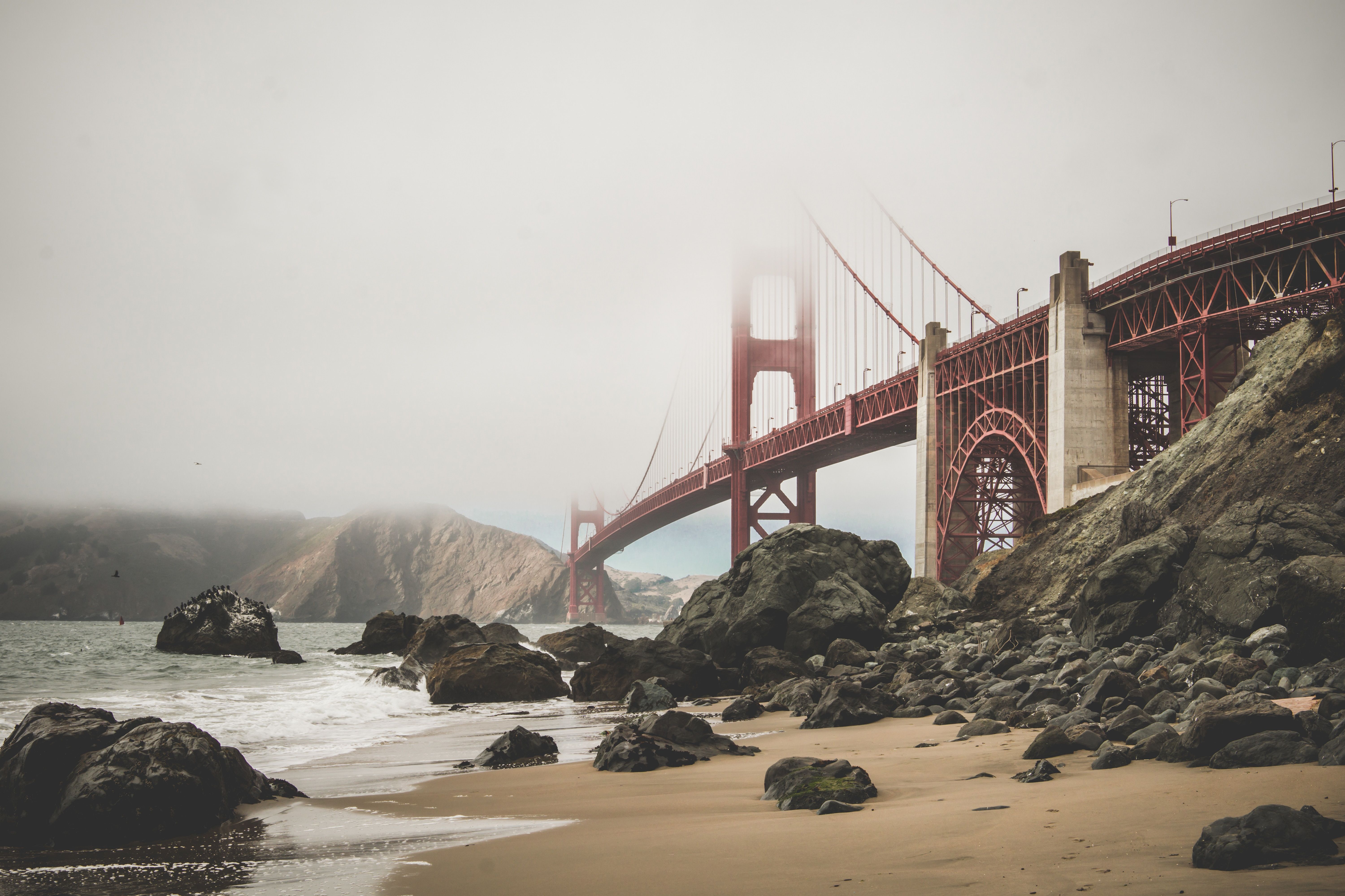 6000x4000 fog, bridge, Public domain image, landscape, high resolution, hd, san francisco, bay area, background, iphone wallpaper, golden gate bridge, ocean, wallpaper, red, beach. Mocah.org HD Desktop Wallpaper