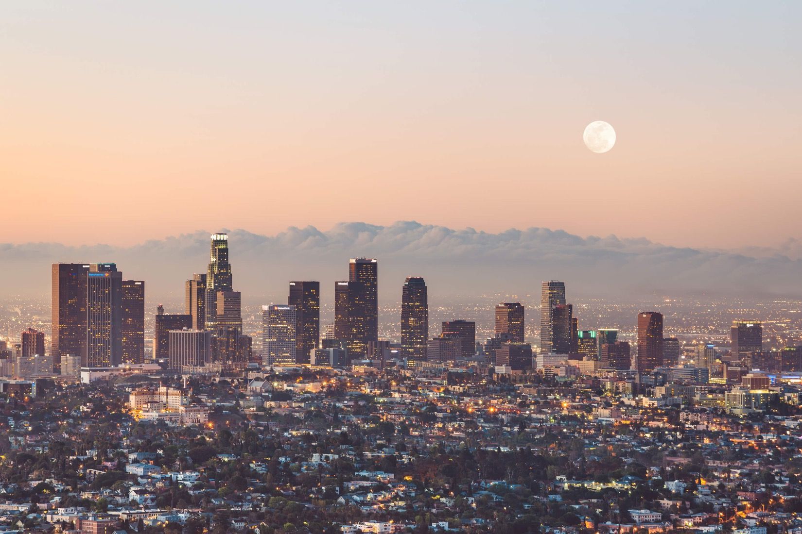 Our LA Skyline Wallpaper features bright lights and skyscrapers with the the moon and the bre. Los angeles skyline, Los angeles photography, Los angeles wallpaper