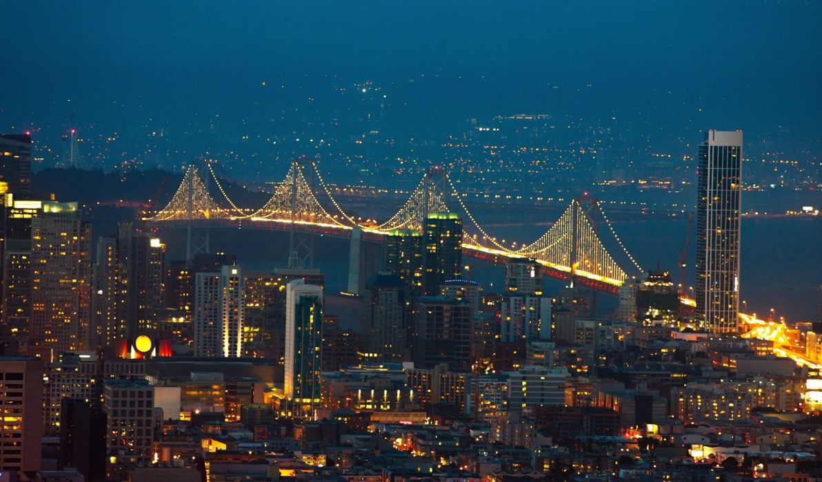 Landscapes cityscapes bridges buildings San Francisco Bay Bridge Nocturnal wallpaperx1468