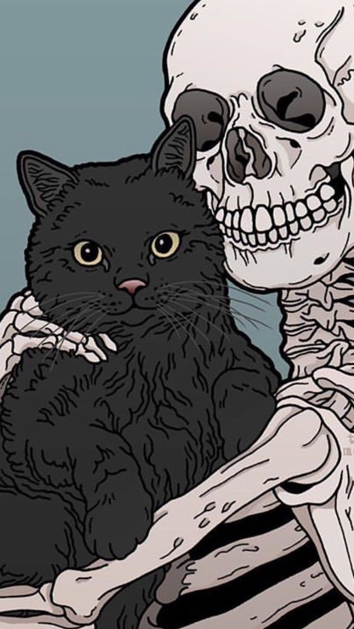 Kitty and Skeleton cats pets cute. Skull wallpaper, Halloween wallpaper iphone, Witchy wallpaper