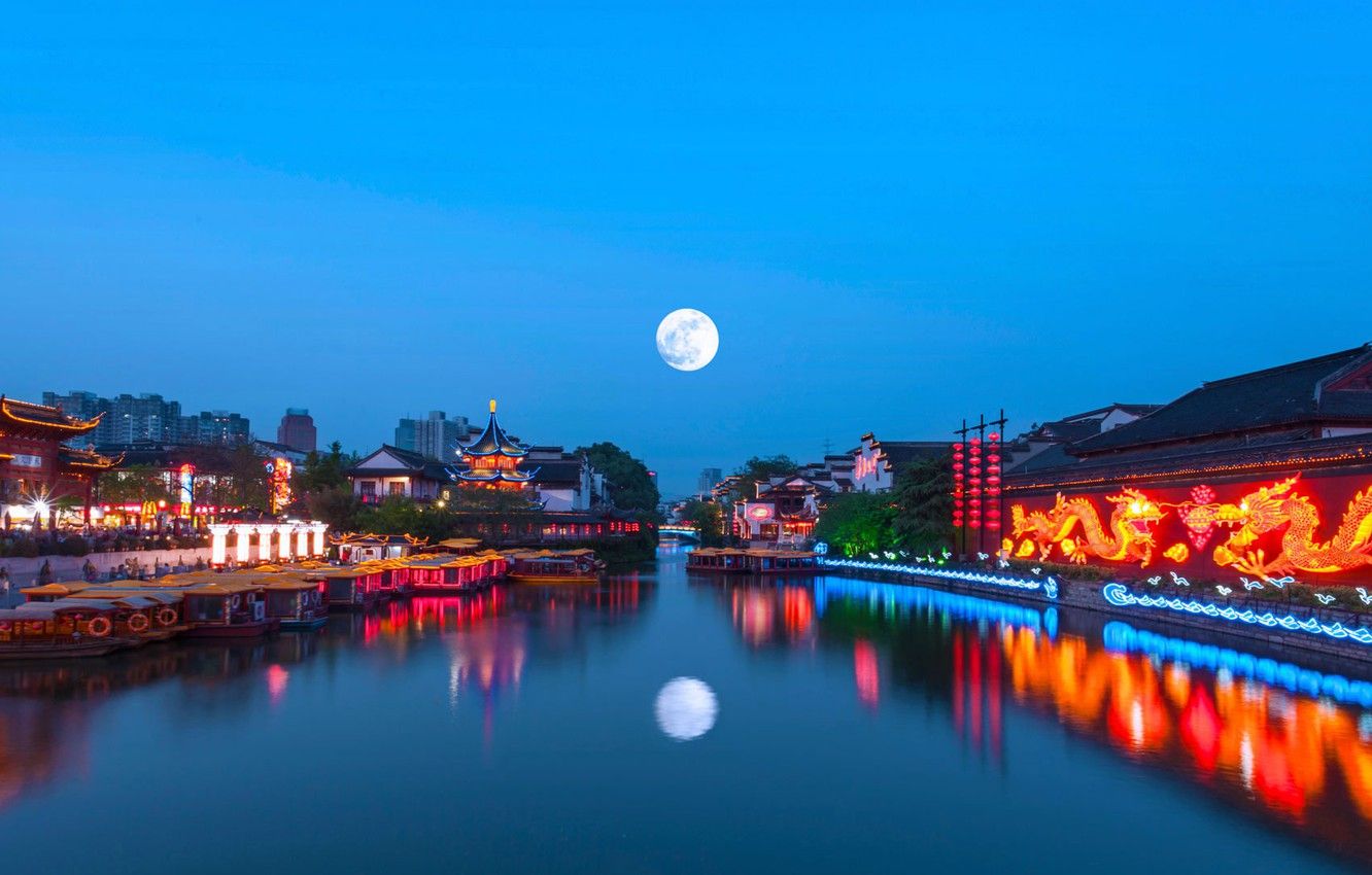Wallpaper Lights, The Moon, China, Nanjing, The Qinhuai River, The Mid Autumn Festival Image For Desktop, Section праздники