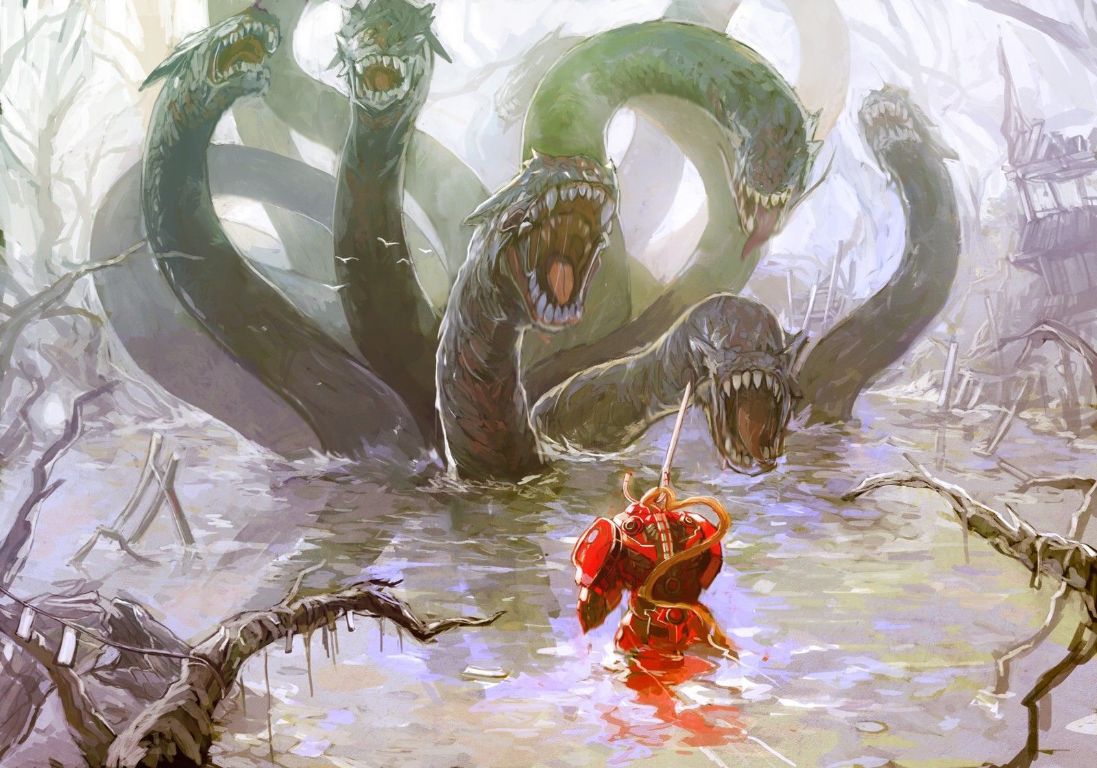 Hydra, fantasy art, armor, artwork, warriors, swamp - Background