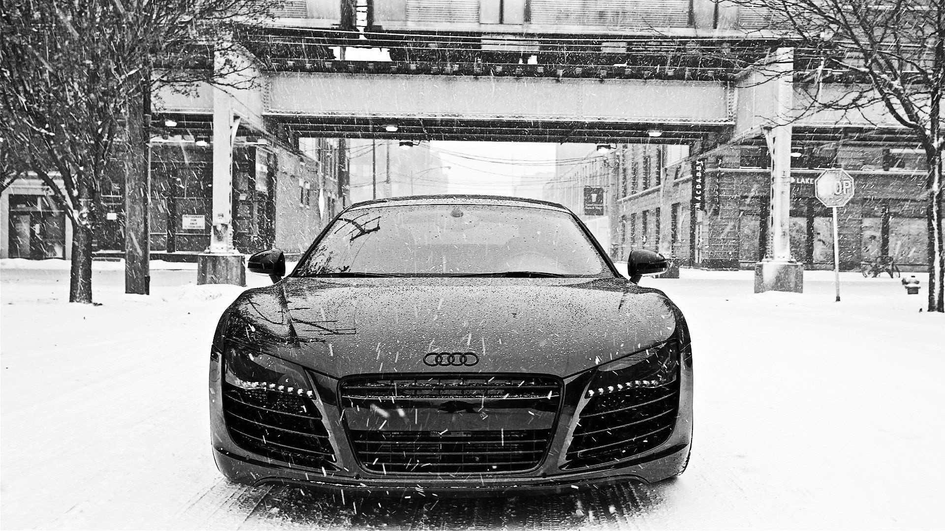 Black and white winter snow cars Audi Audi R8 front view wallpaperx1080