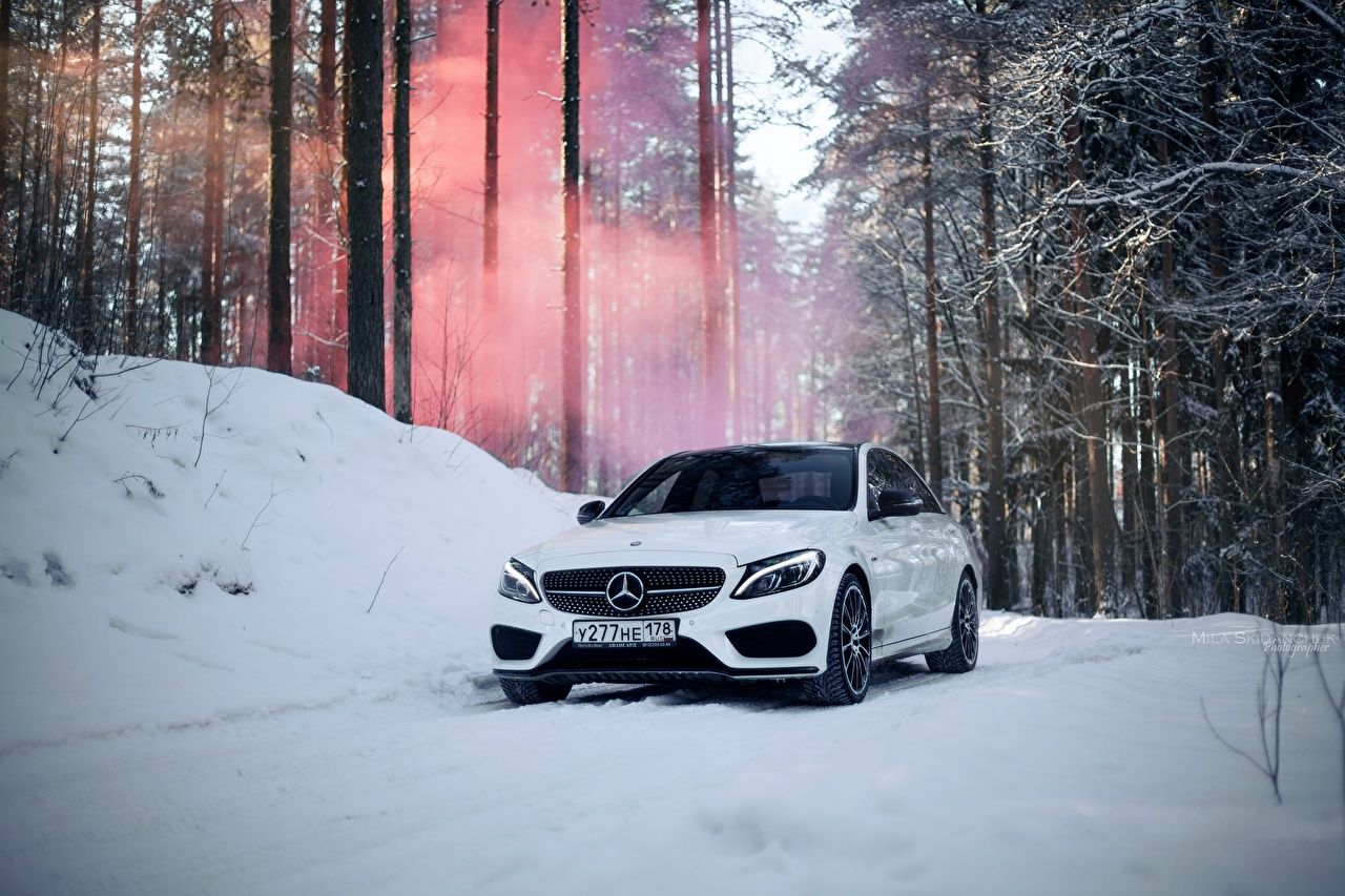 Desktop Wallpaper Mercedes Benz C450 C63 Amg White Snow Cars
