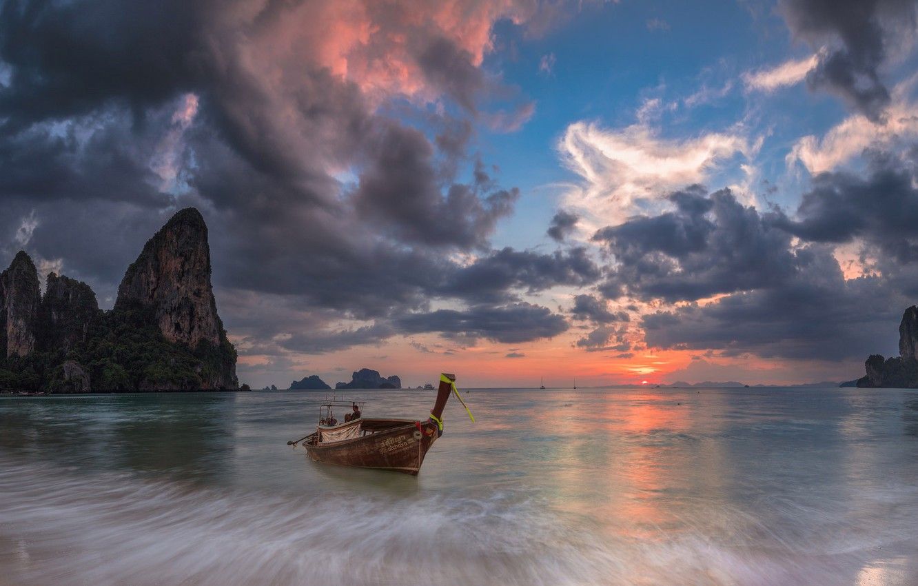 Wallpaper sea, clouds, rocks, boat, Thailand, glow, Krabi image for desktop, section пейзажи