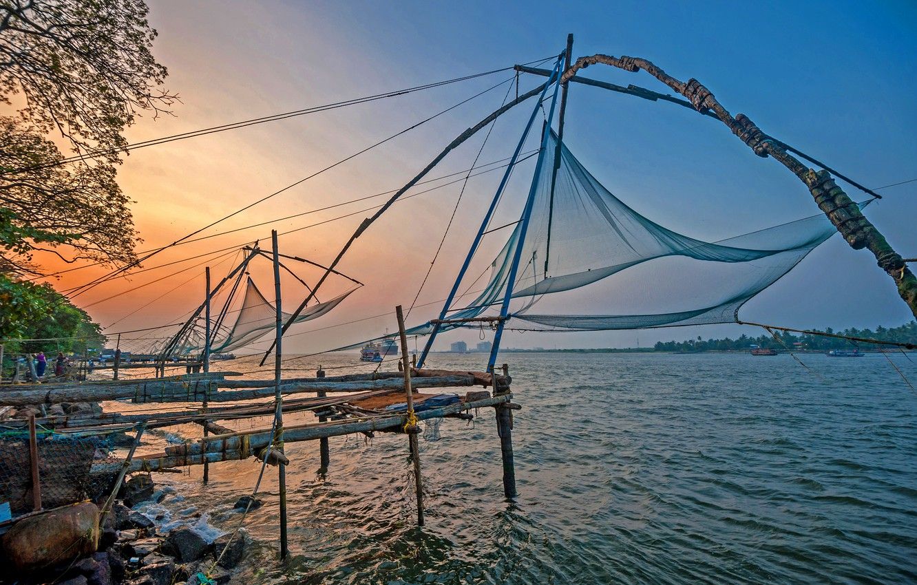 Wallpaper sea, beach, sunset, the ocean, shore, sea, ocean, sunset, India, fishing nets, Kochi, fising nets image for desktop, section природа