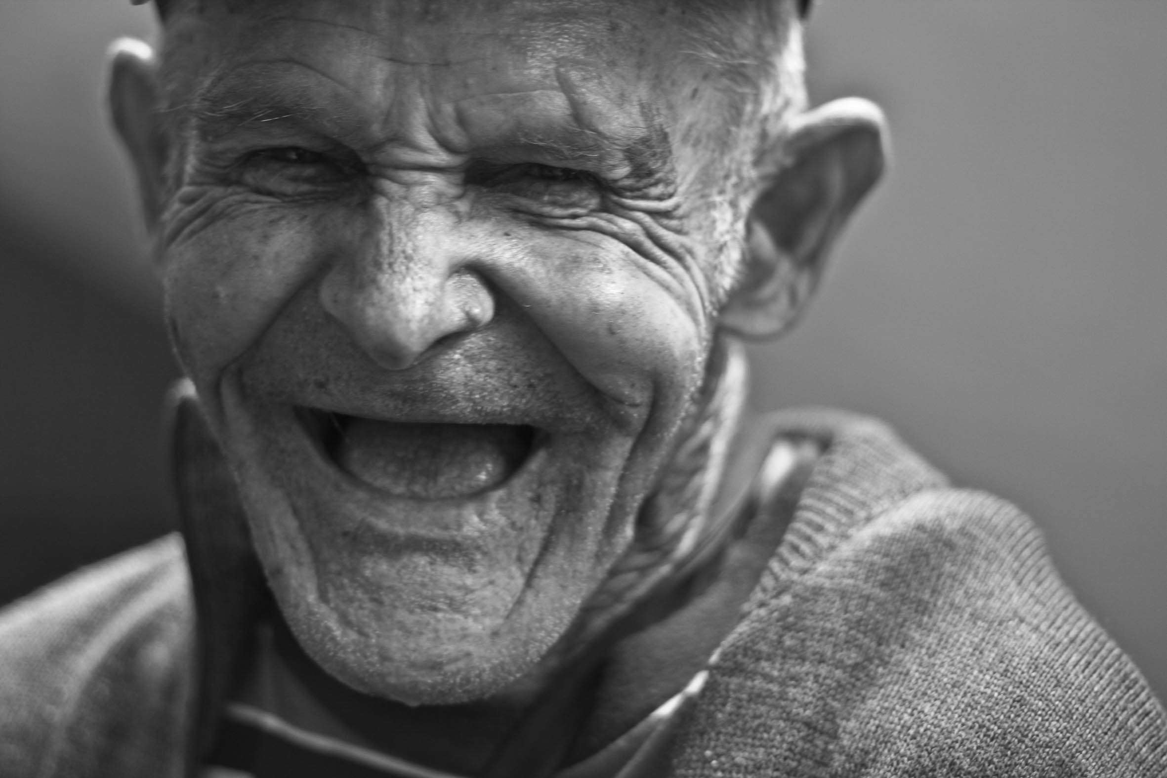 adult, black and white, close up, elder, elderly, eye, face, facial expression, happy, laughing, man, portrait, sepia, smile wallpaper. Mocah.org HD Desktop Wallpaper