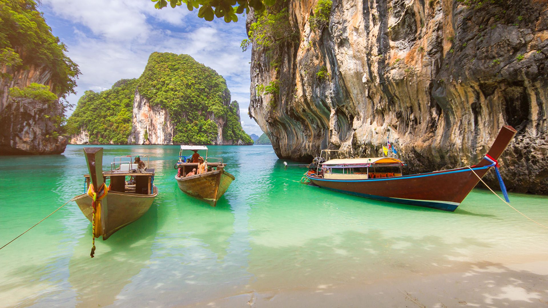 Photo Thailand Krabi Cliff Nature Tropics Bay Boats 1920x1080