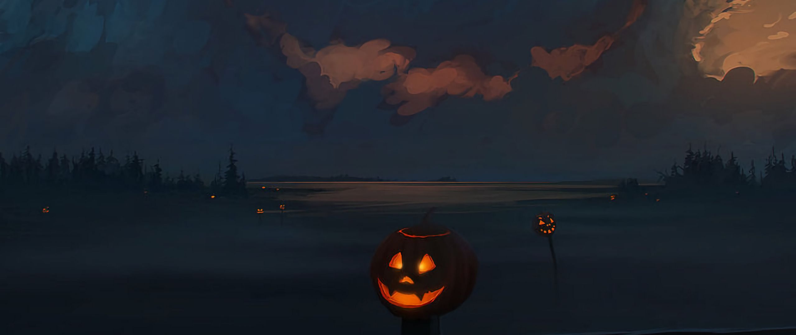 Download wallpaper 2560x1080 jack o lantern, pumpkin, halloween, art, clouds dual wide 1080p HD background