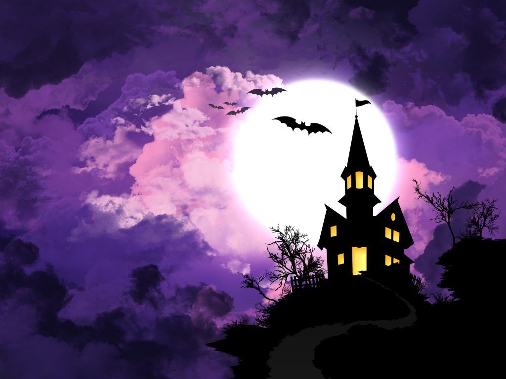Halloween Night Purple Minimal Castle 4K Wallpaper