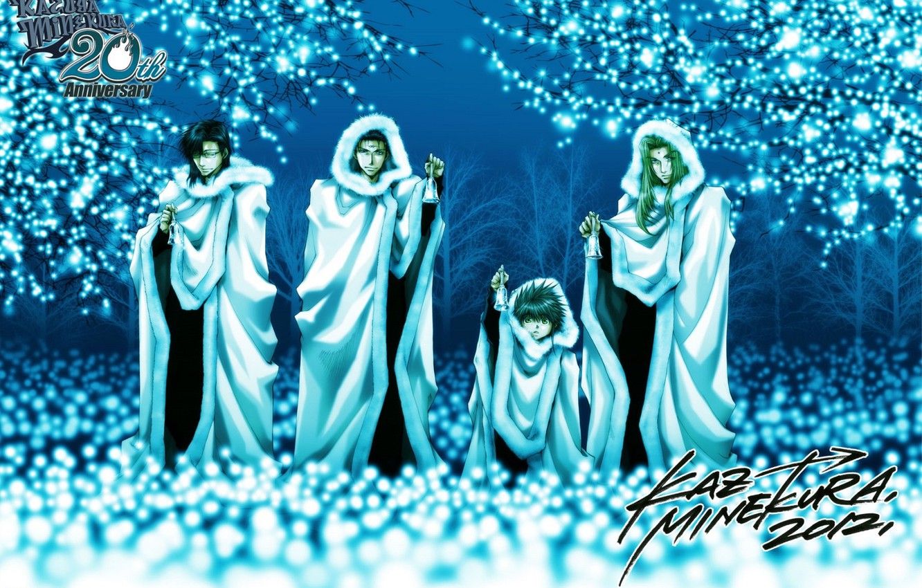 Wallpaper winter, anime, art, guys, bells, coats, Kazuya Minekura, Saiyuki Reload image for desktop, section сёнэн