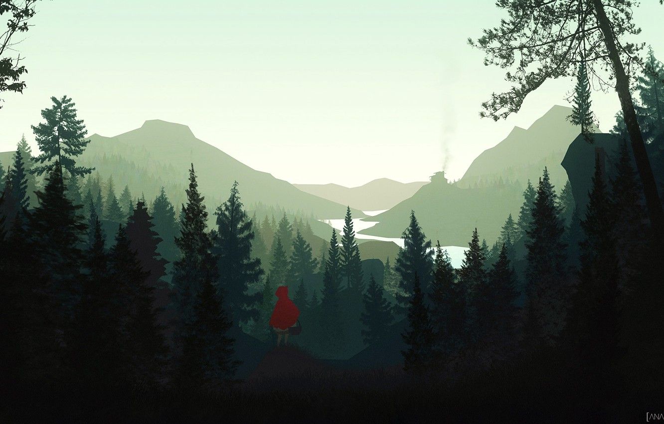 Wallpaper Minimalism, The game, Trees, Forest, Style, Landscape, Art, Little Red Riding Hood, Forest, Characters, Firewatch, Character, Environments, Storytelling, by Asim Salman, Asim Salman image for desktop, section минимализм