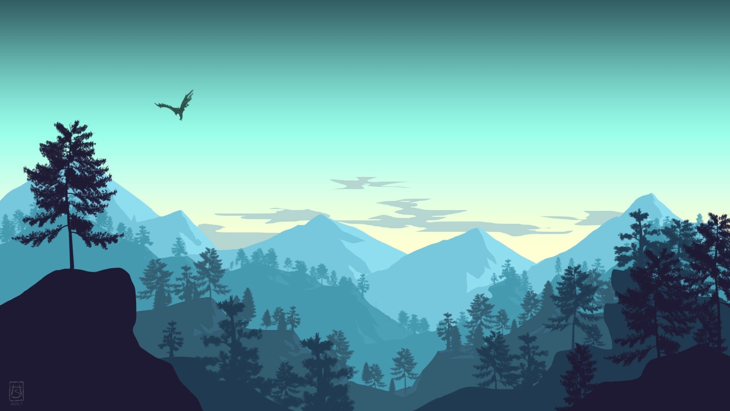 Minimalistic Landscape, Mountains, Forest, Bird, Sky, Landscape Desktop Background HD Wallpaper