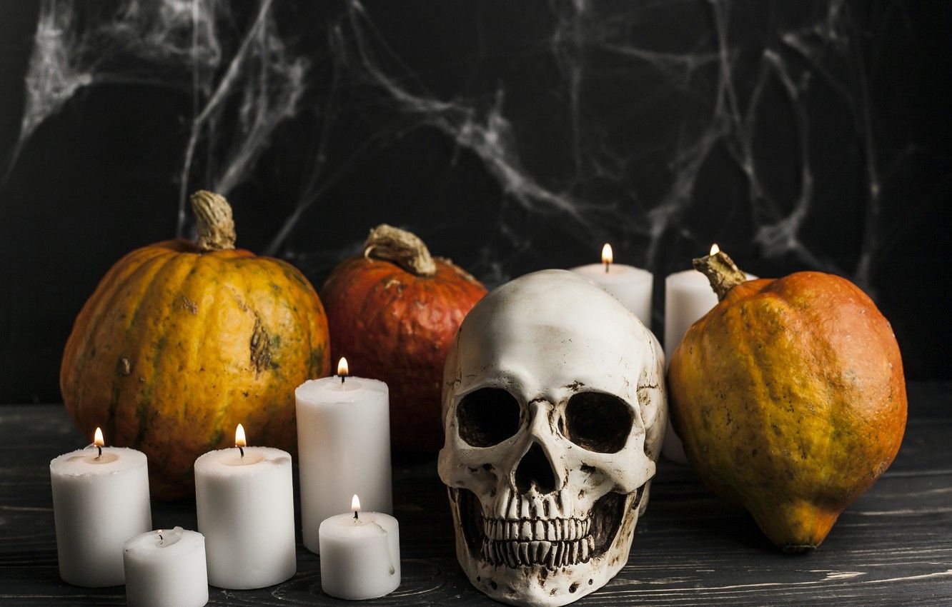Wallpaper skull, web, candles, pumpkin, Halloween, Halloween, vegetables, October image for desktop, section праздники