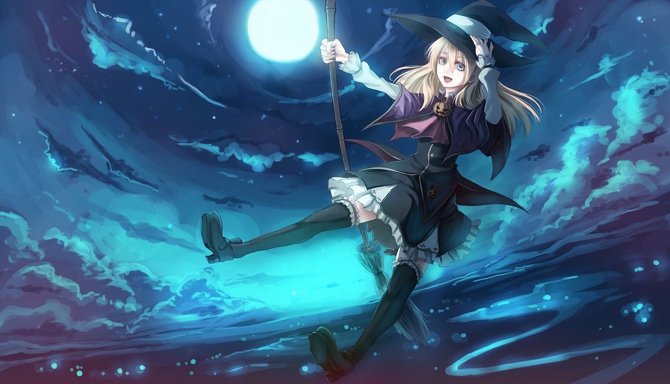 Witchcraft Wallpaper. Blondes Witch Wallpaper 1350x775 Blondes, Witch, Video, Games, Clouds. Anime, Anime halloween, Anime witch