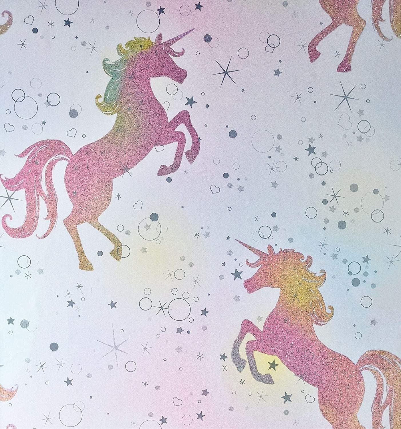 Rainbow Unicorn Wallpaper Girls Glitter Sparkle Pink Silver Arthouse Box of 4