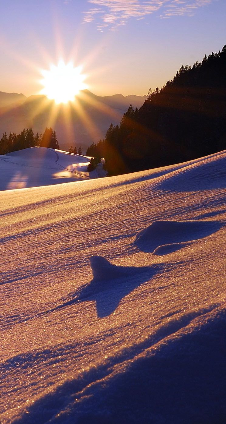 The iPhone Wallpaper Sun mountains snow sunset