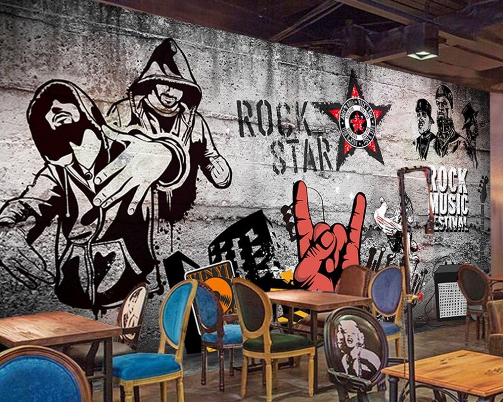 Free Shipping Custom 3D Hip Hop Graffiti Wallpaper Bar KTV Decorative Mural Retro Retro Hip Hop Rock Music Bar KTV Background. Wallpaper
