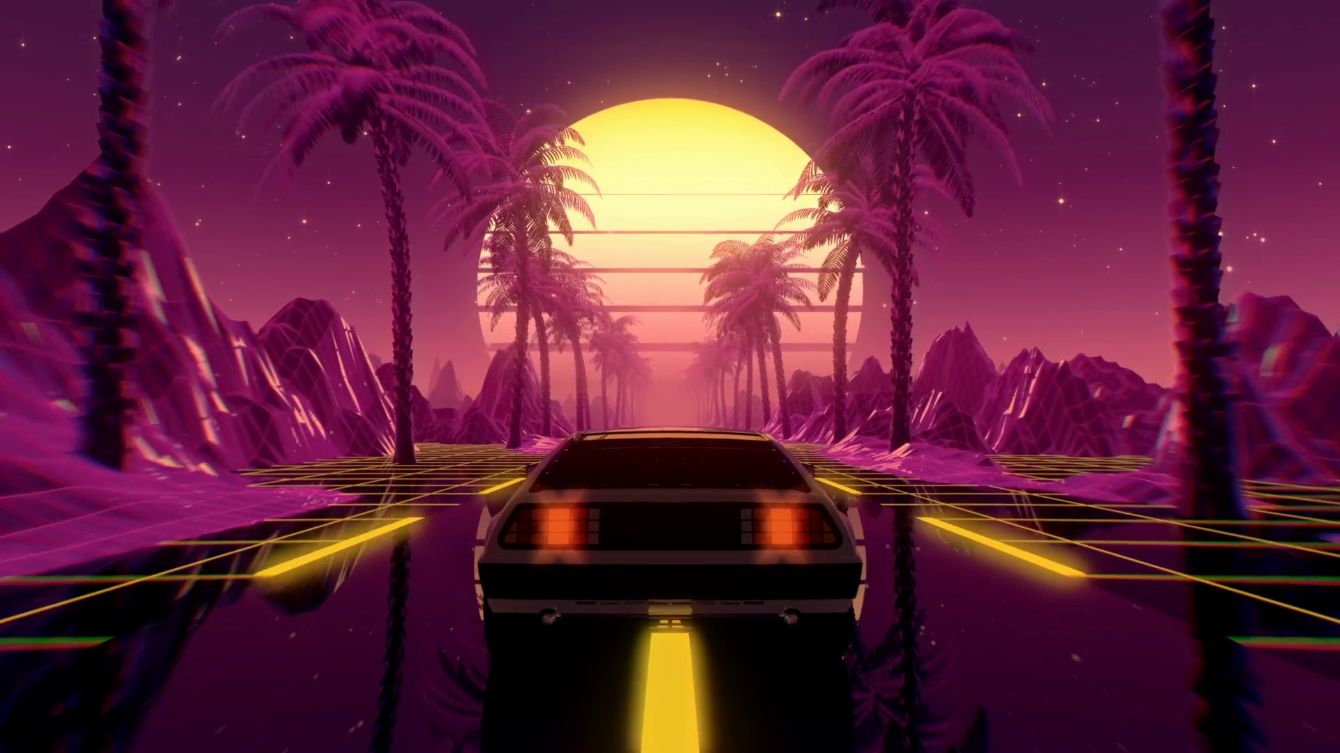 80s Retro Futuristic Sci Fi Seamless Loop With Vintage Car. Riding In Retrowave VJ Videogame Landscape, Neon Lights And Low Poly Grid. Stylized Cyberpunk Vaporwave 3D Animation Background. 4K Motion Background