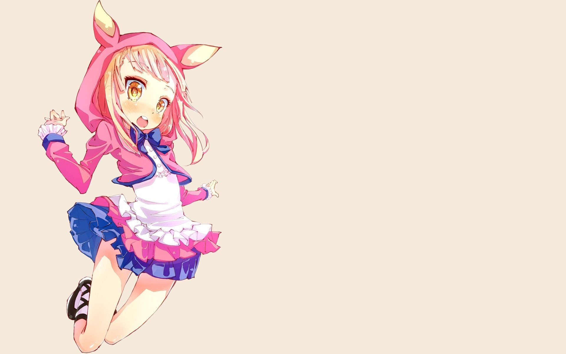 blondes skirts long hair ribbons jumping nekomimi hoodie open mouth simple background anime girls br High Quality Wallpaper, High Definition Wallpaper