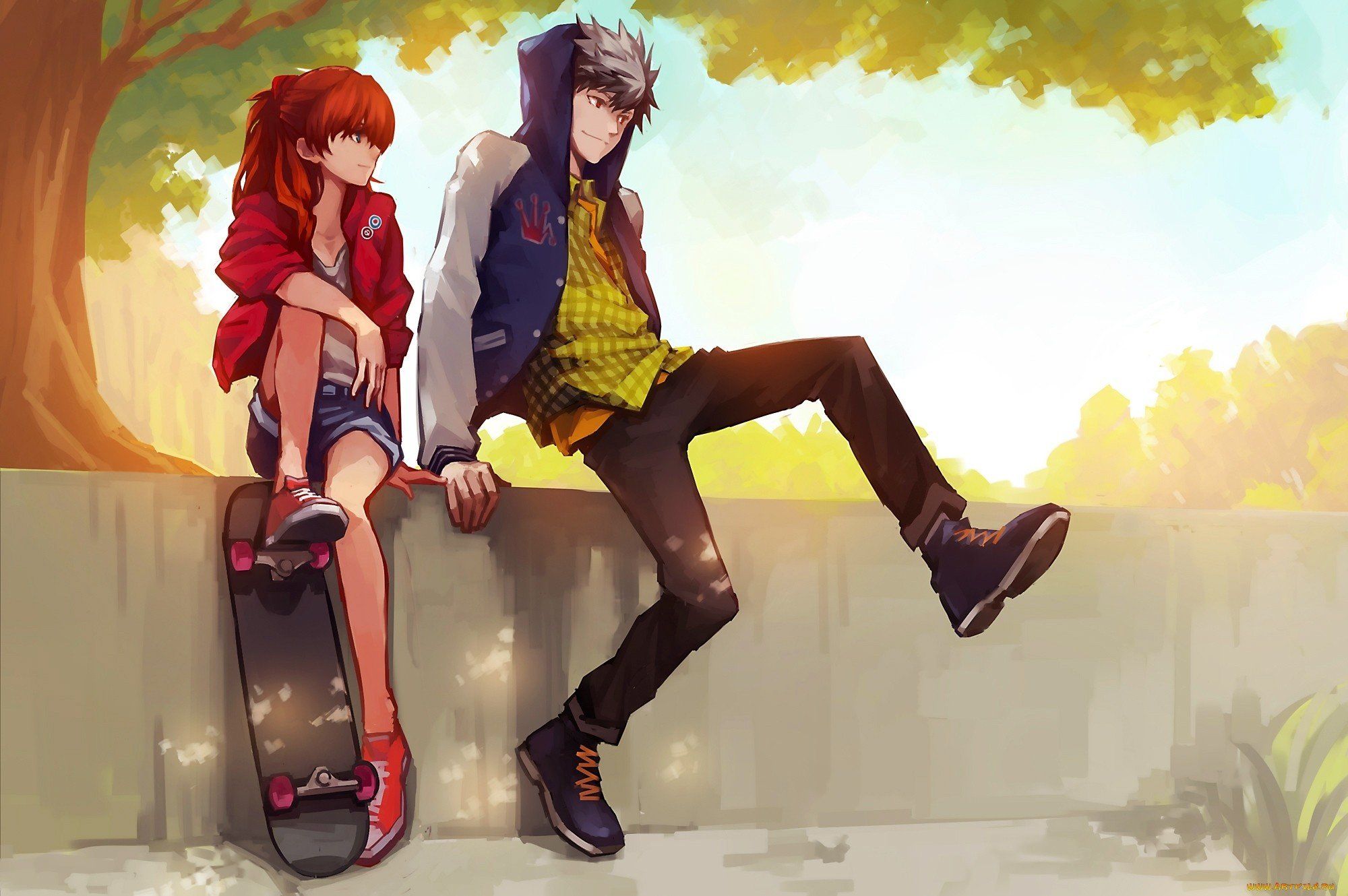Skateboard anime couple summer beauty wallpaperx1330