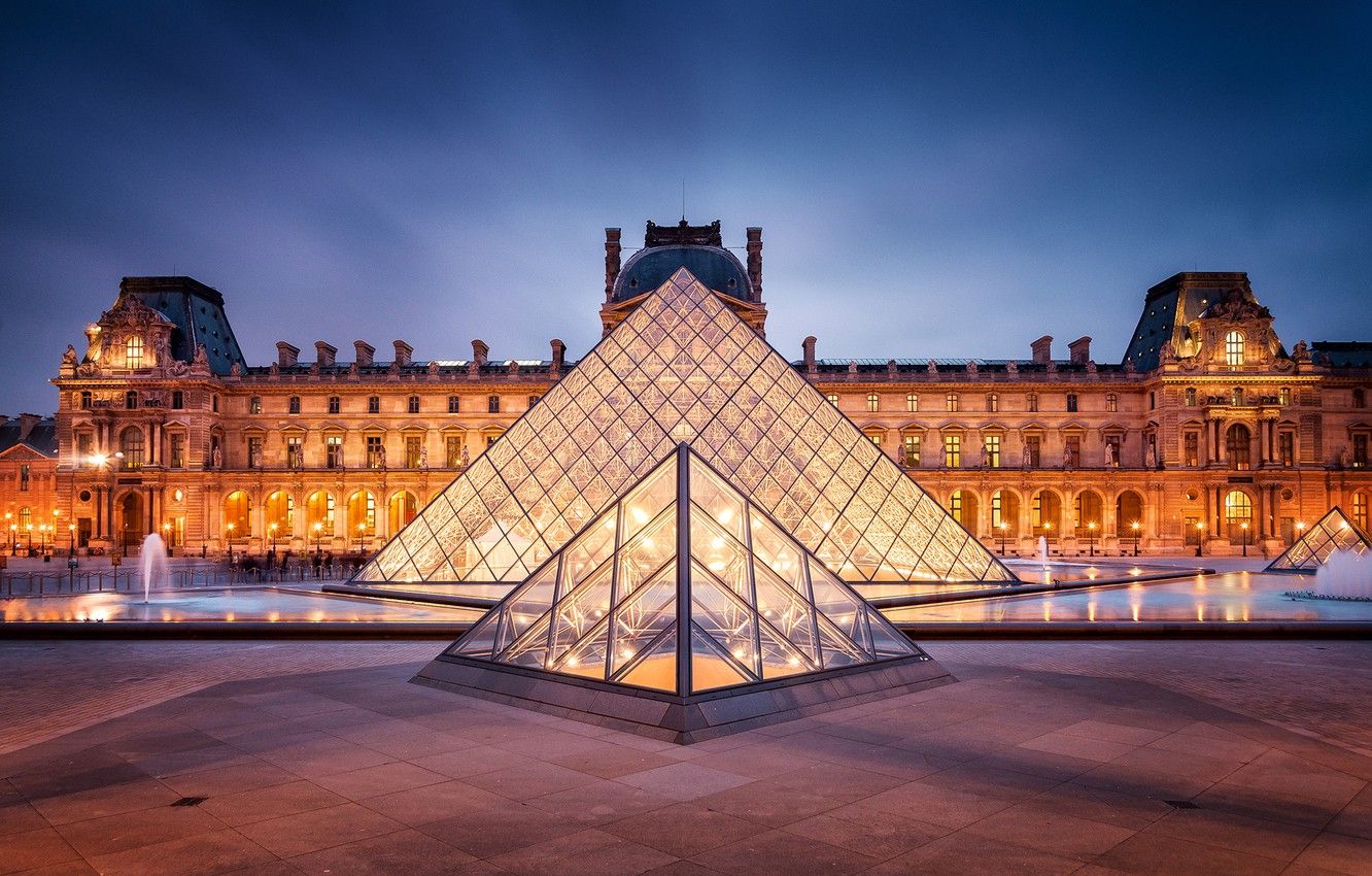 Wallpaper the city, France, Paris, the evening, The Louvre, lighting, backlight, area, pyramid, fountain, Paris, Museum, architecture, twilight, France, Louvre image for desktop, section город