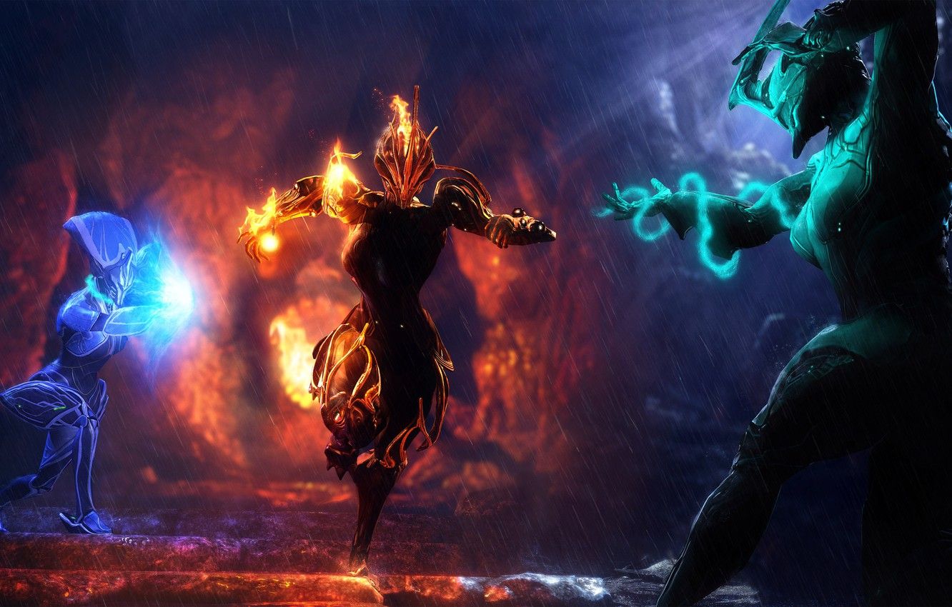 Wallpaper rain, magic, art, battle, Knicks, Banshee, Warframe, Ember Prime image for desktop, section фантастика