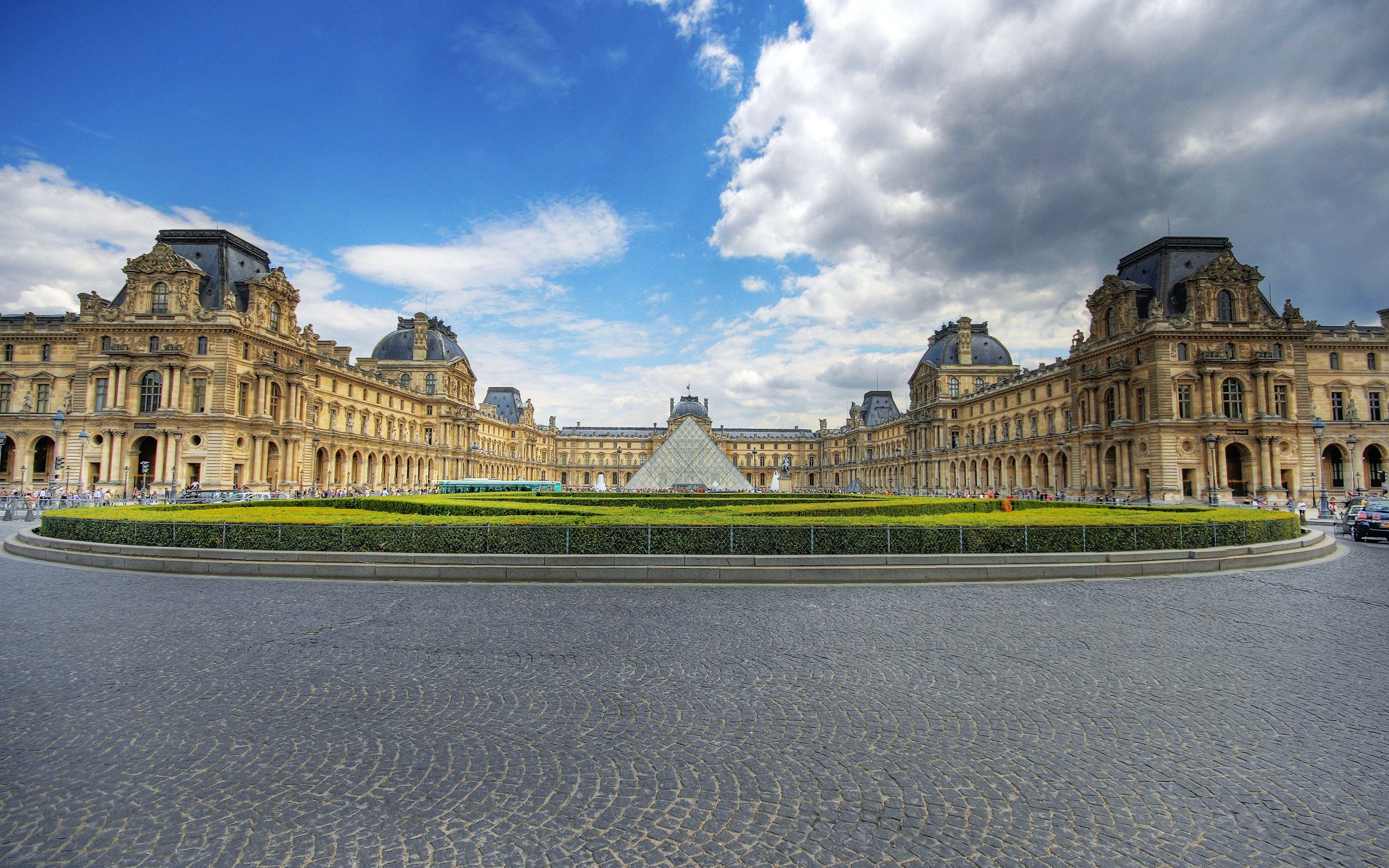 Wallpaper Louvre, museum, glass pyramid, clouds, Paris, France 2560x1600 HD Picture, Image