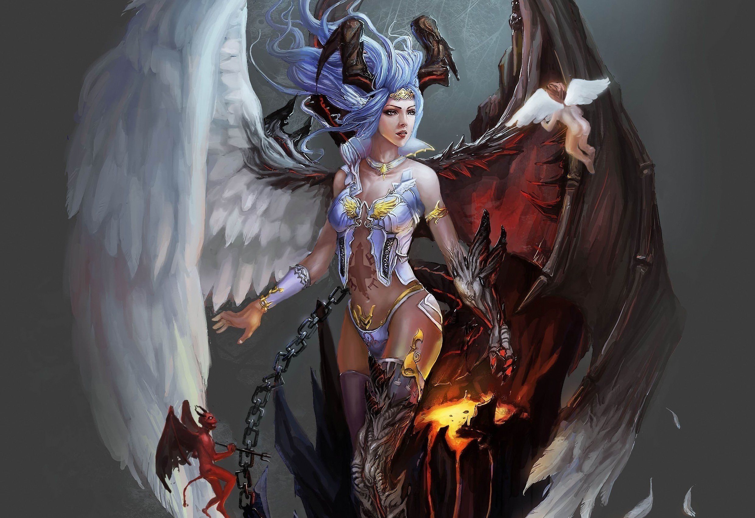 Girl fairy wings horns body belly tattoo legs shoes angel devil good evil fire chains crows art fantasy wallpaperx1700