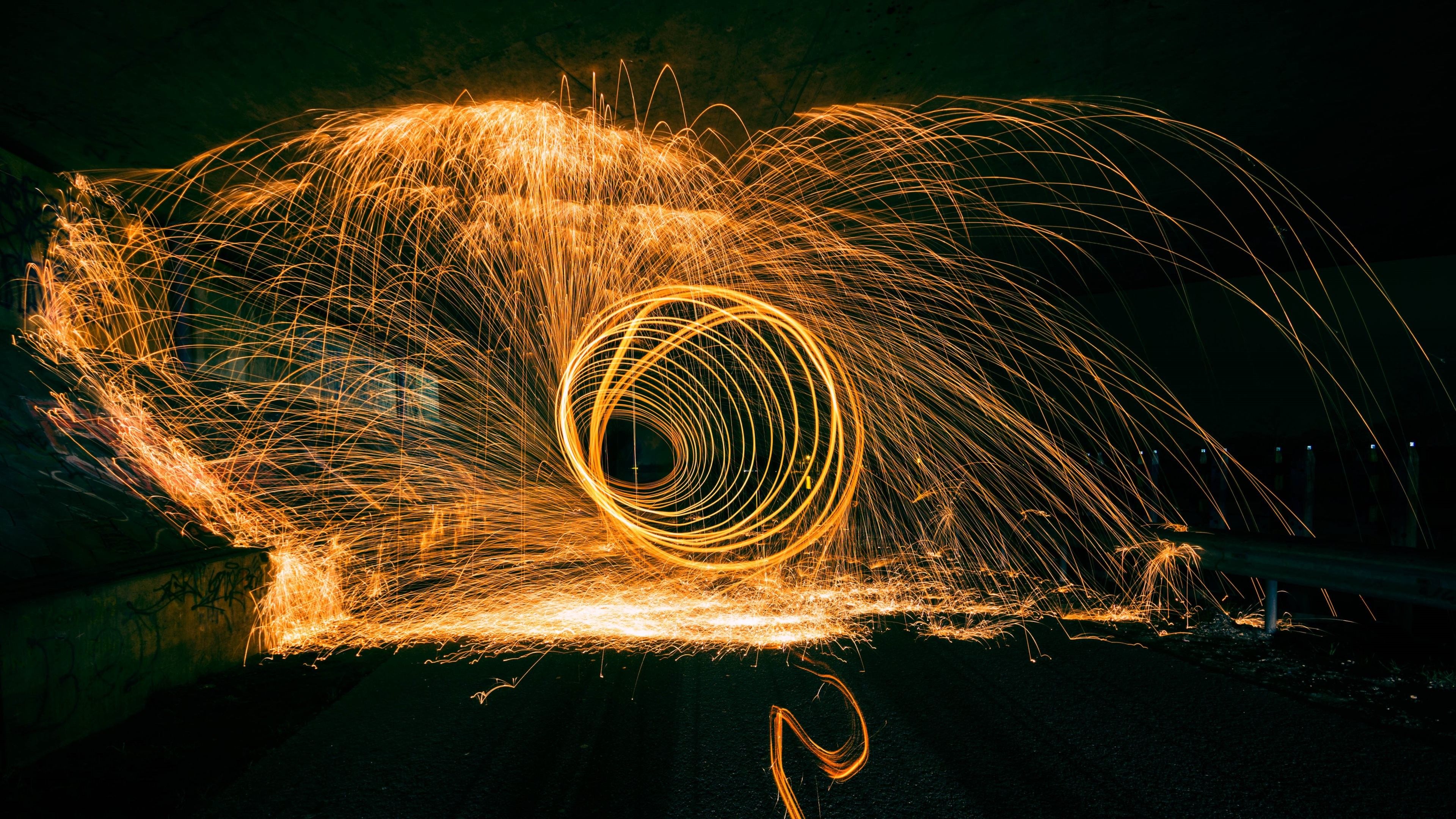 Welding Long Exposure Lights Night Yellow Sparks Circle Dark Wallpaper:3840x2160